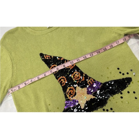Peek A Boo Halloween Sequin Witches Hat Lime Green Pullover Sweater Women’s S - Picture 9 of 16